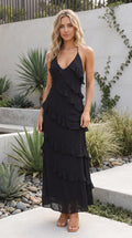 Women's V Neck Spaghetti Strap Ruffle Tiered Maxi Dress