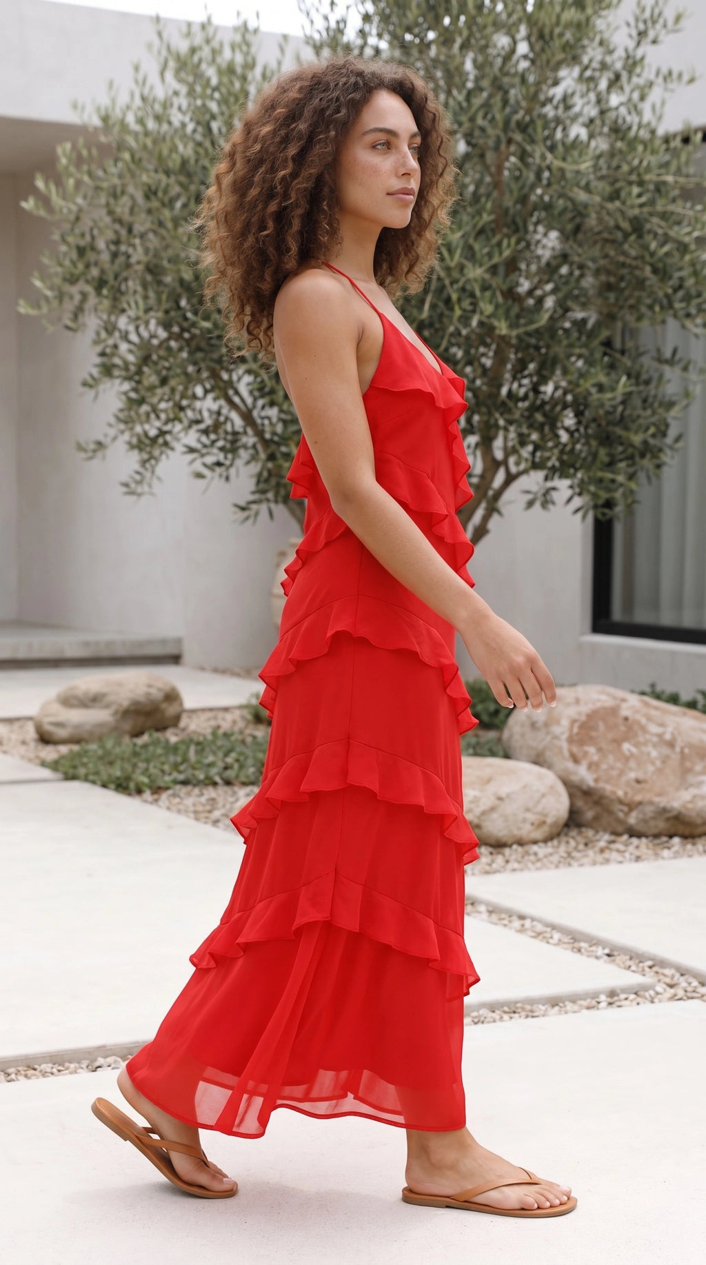 Women's V Neck Spaghetti Strap Ruffle Tiered Maxi Dress