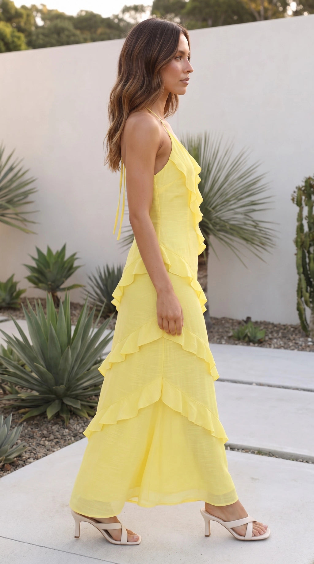 Women's V Neck Spaghetti Strap Ruffle Tiered Maxi Dress
