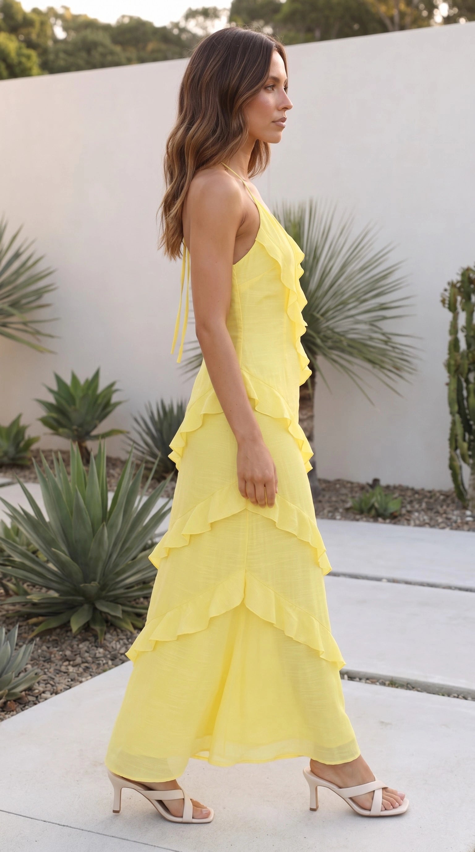 Women's V Neck Spaghetti Strap Ruffle Tiered Maxi Dress