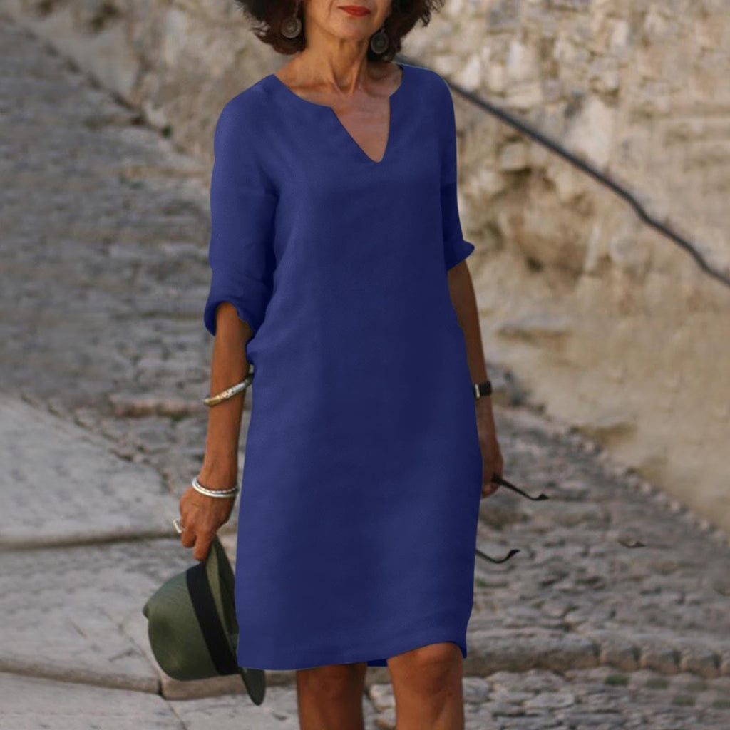 Women's Midi Dress | V Neck Short Sleeve Flowy Summer Beach Dress 11