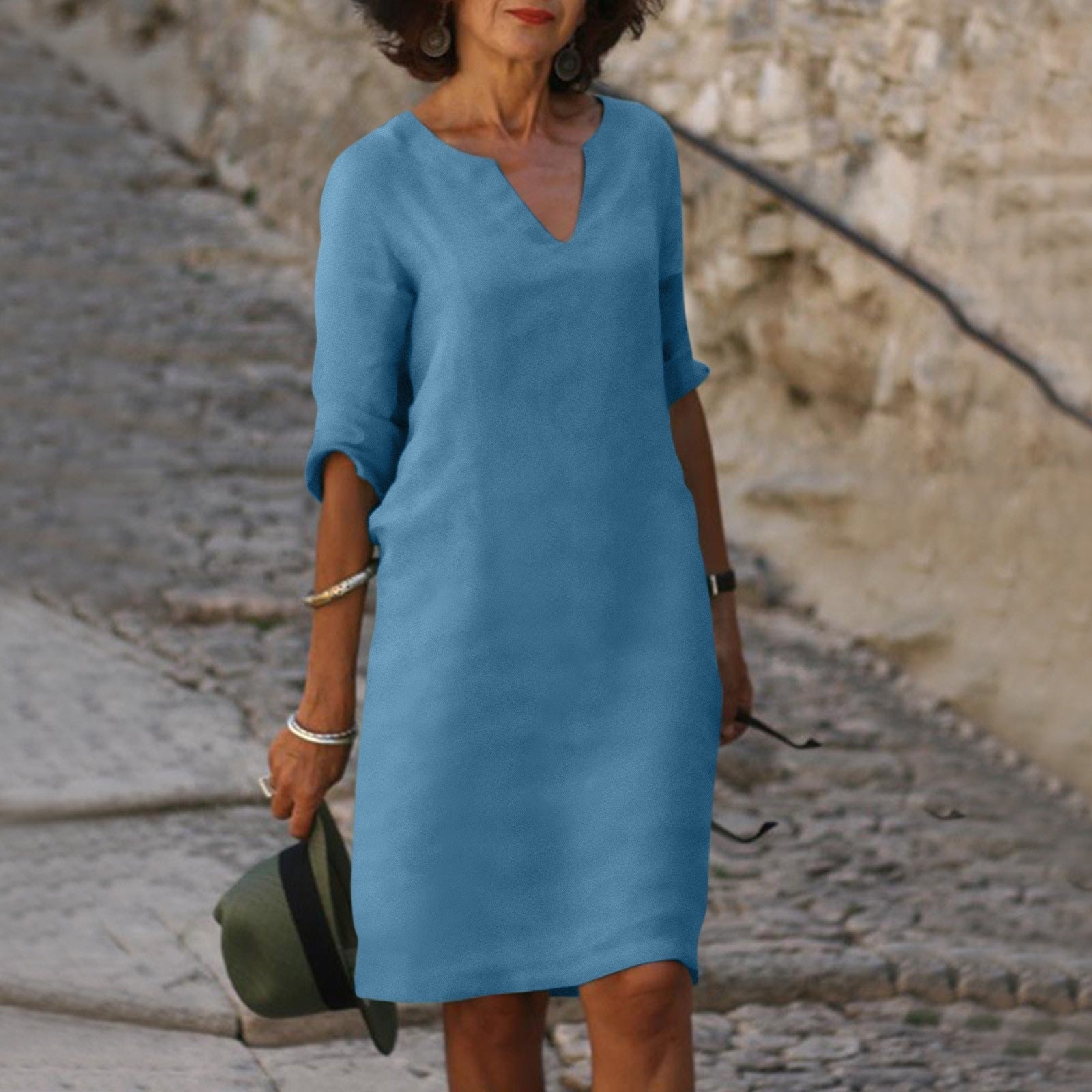 Women's Midi Dress | V Neck Short Sleeve Flowy Summer Beach Dress 12