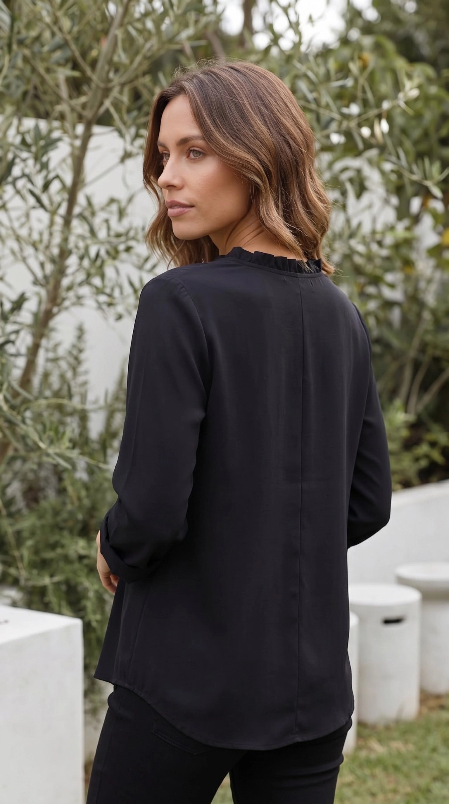 Women's V Neck Long Sleeve Ruffle Trim Button-Up Shirt