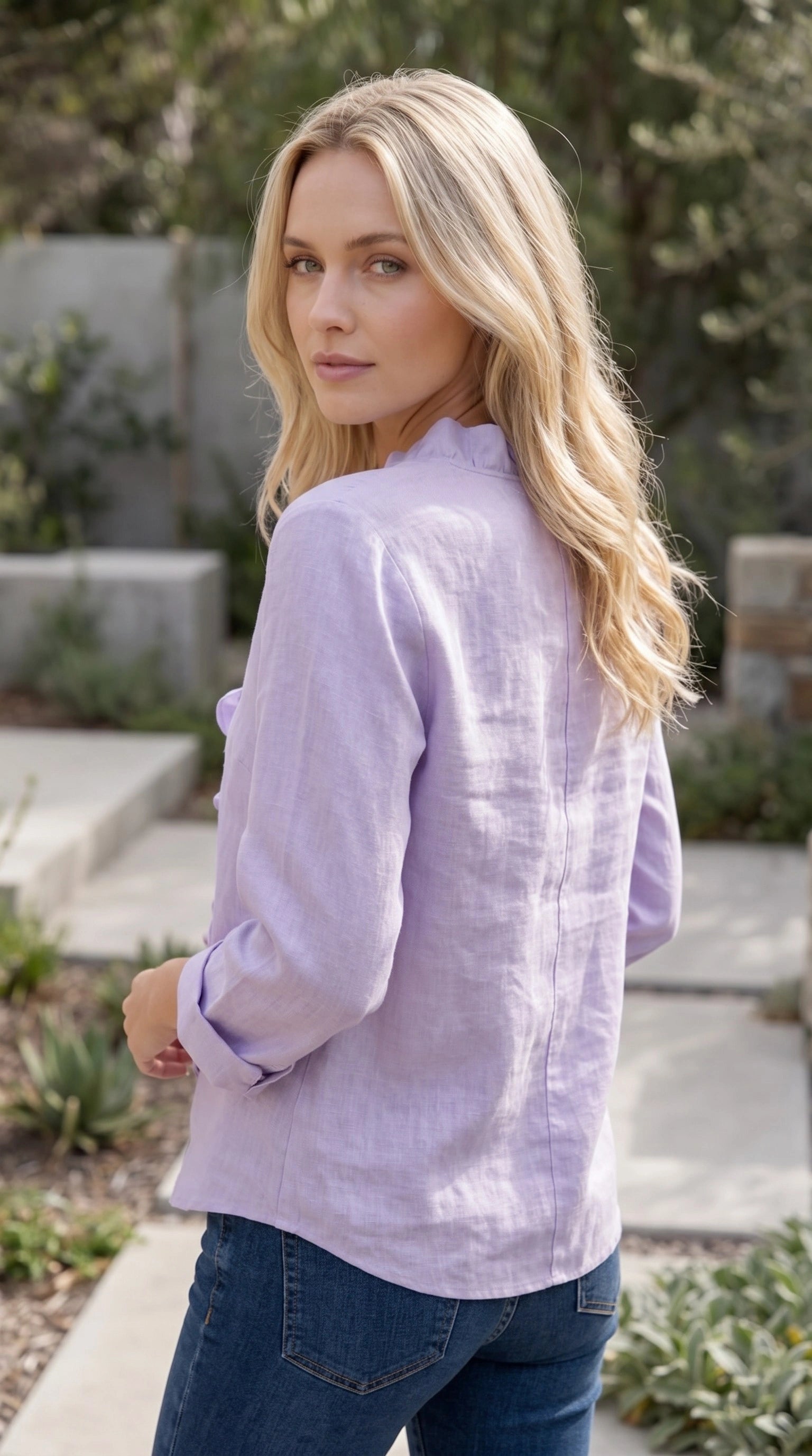 Women's V Neck Long Sleeve Ruffle Trim Button-Up Shirt