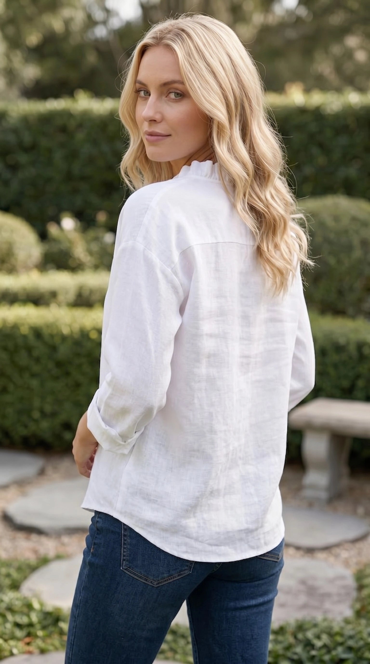 Women's V Neck Long Sleeve Ruffle Trim Button-Up Shirt