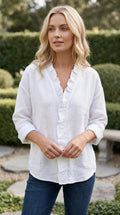 Women's V Neck Long Sleeve Ruffle Trim Button-Up Shirt