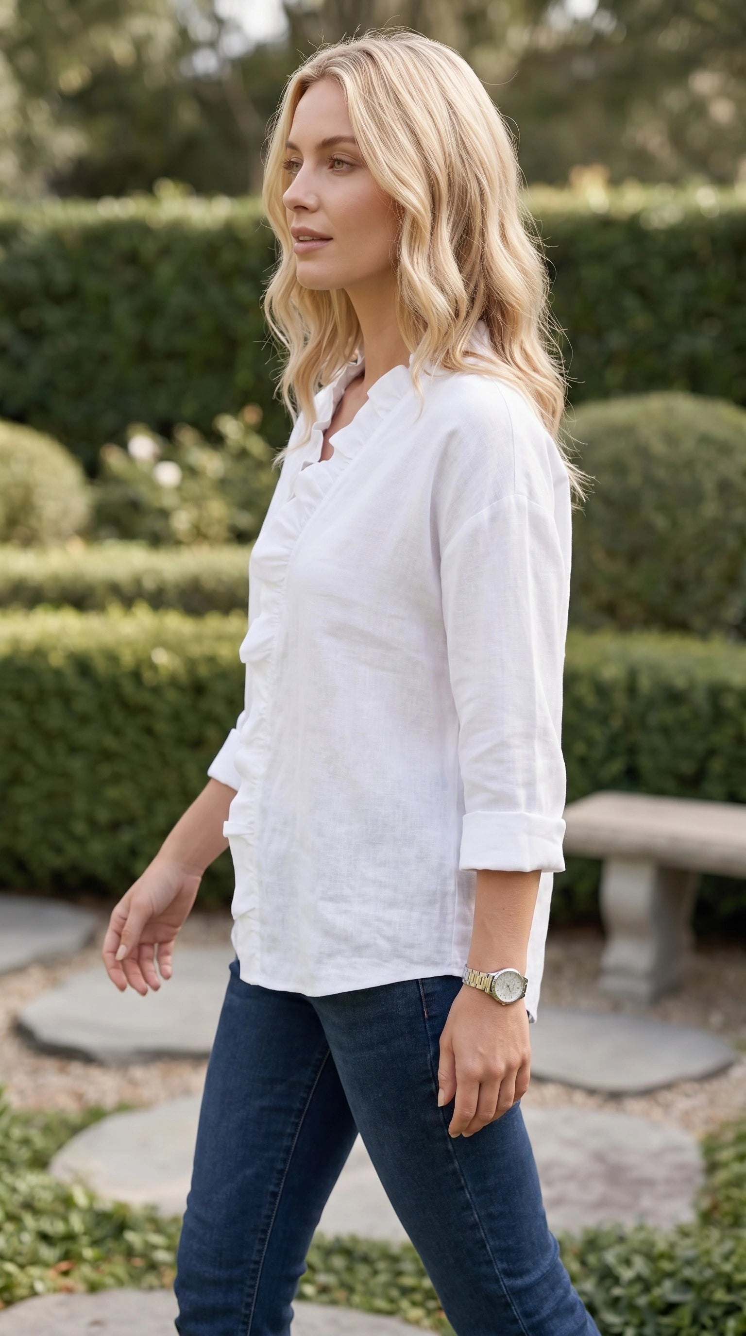 Women's V Neck Long Sleeve Ruffle Trim Button-Up Shirt