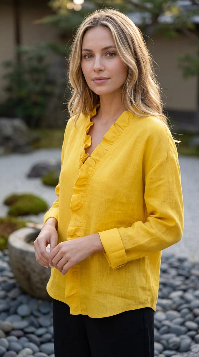 Women's V Neck Long Sleeve Ruffle Trim Button-Up Shirt