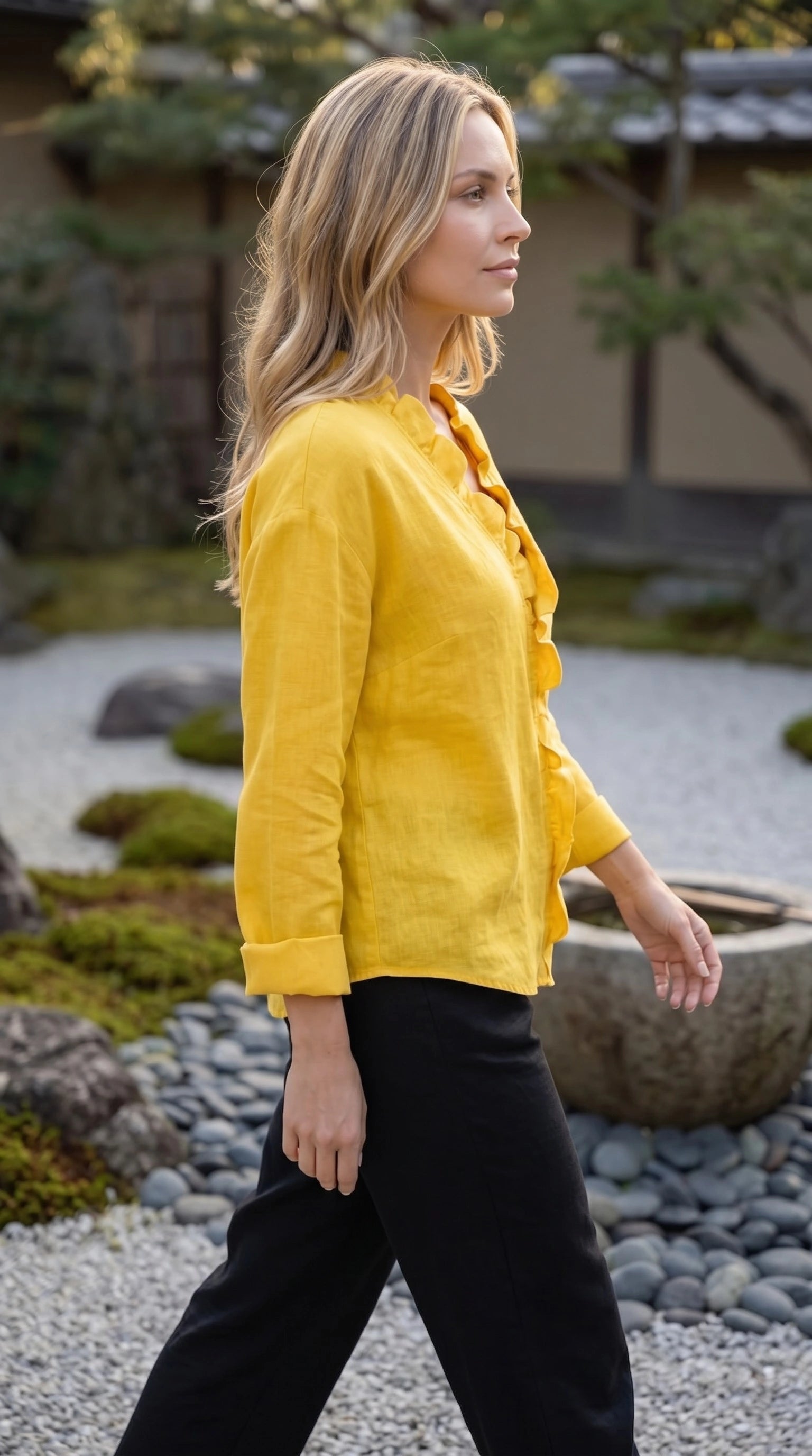 Women's V Neck Long Sleeve Ruffle Trim Button-Up Shirt