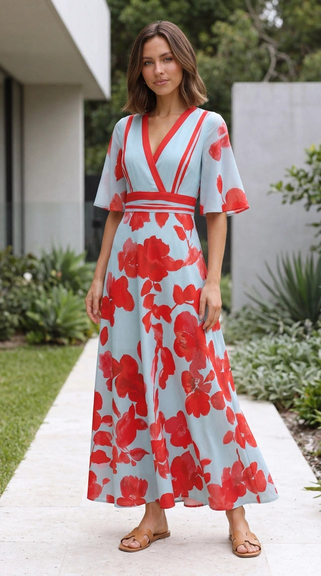 Women's V Neck Wrap Front Floral Maxi Dress
