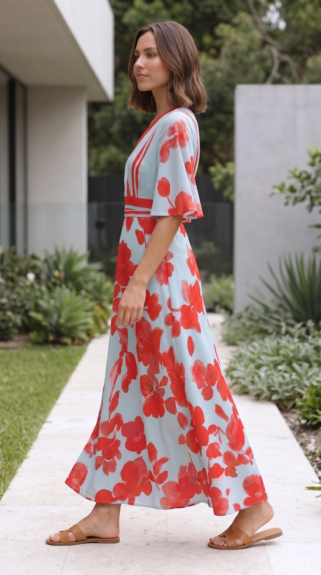 Women's V Neck Wrap Front Floral Maxi Dress