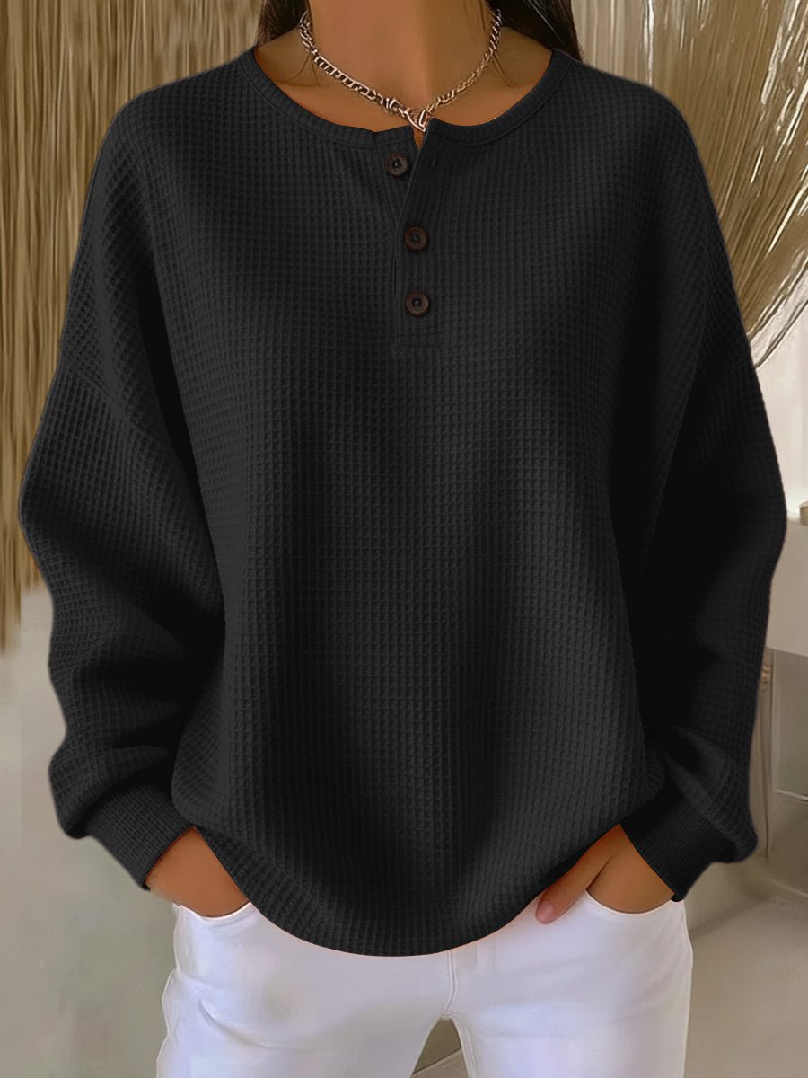 Women's Waffle Knit Henley Sweatshirt black