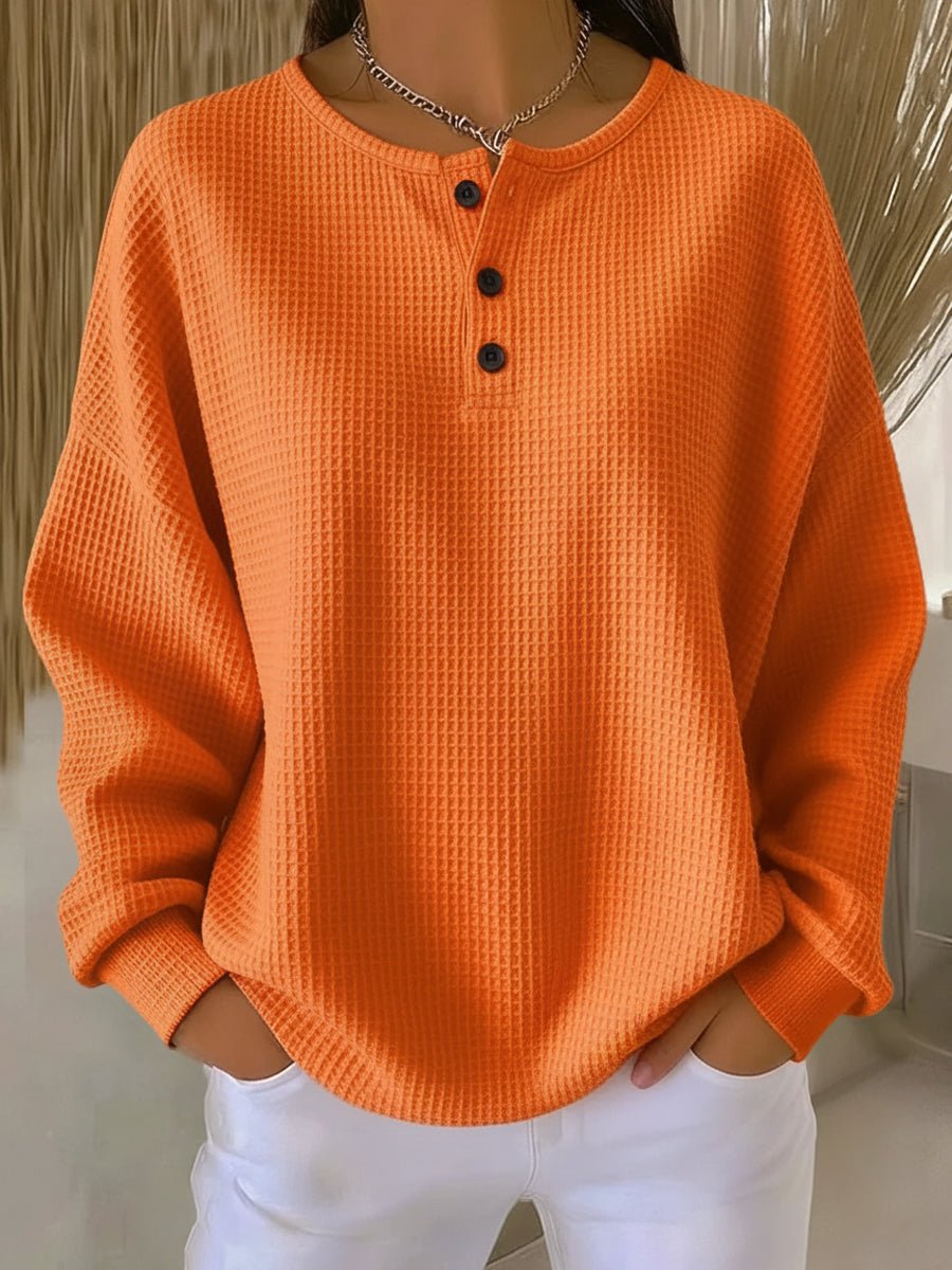 Women's Waffle Knit Henley Sweatshirt orange