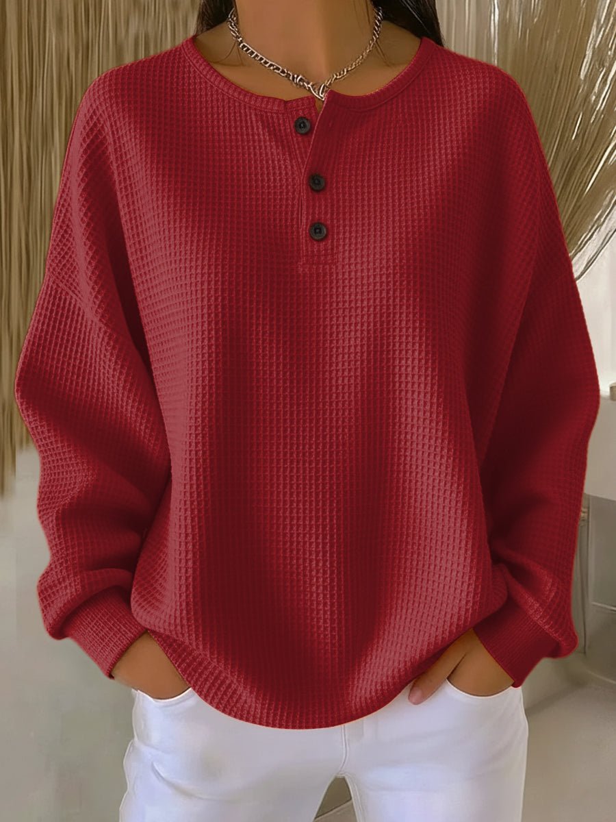 Women's Waffle Knit Henley Sweatshirt red