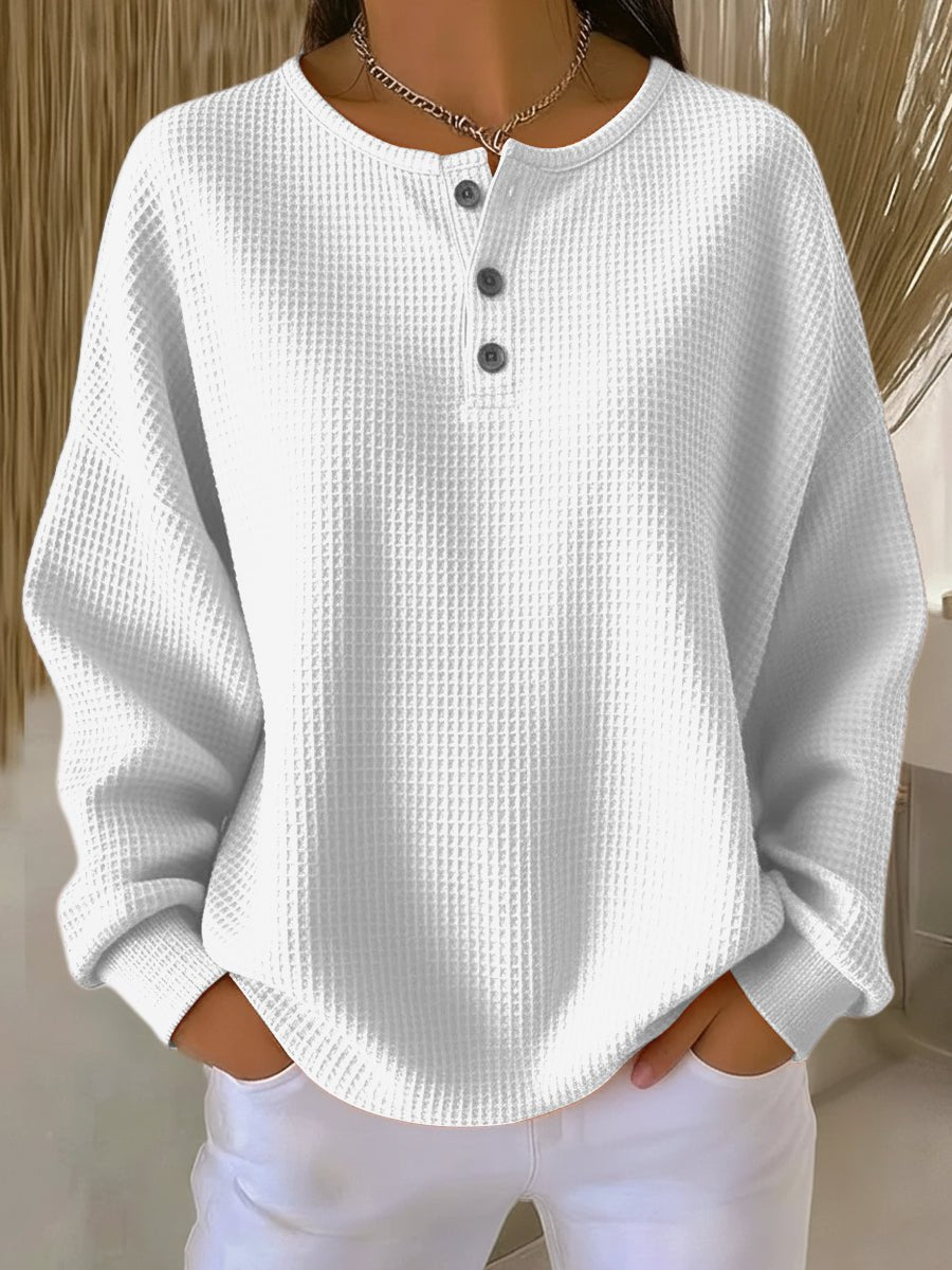 Women's Waffle Knit Henley Sweatshirt white