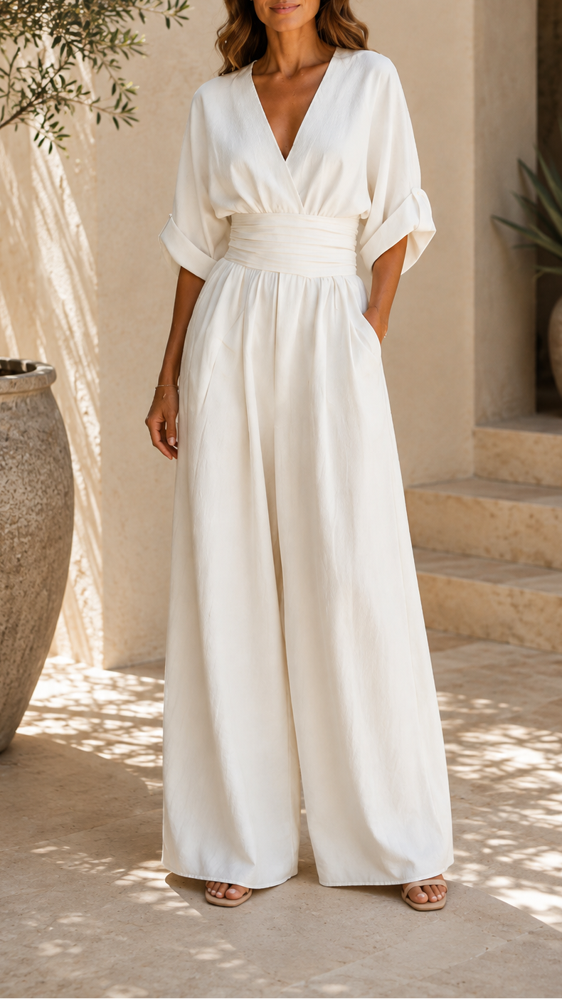 Women's Wide Leg Jumpsuit | Deep V Neck Belted Summer Jumpsuit