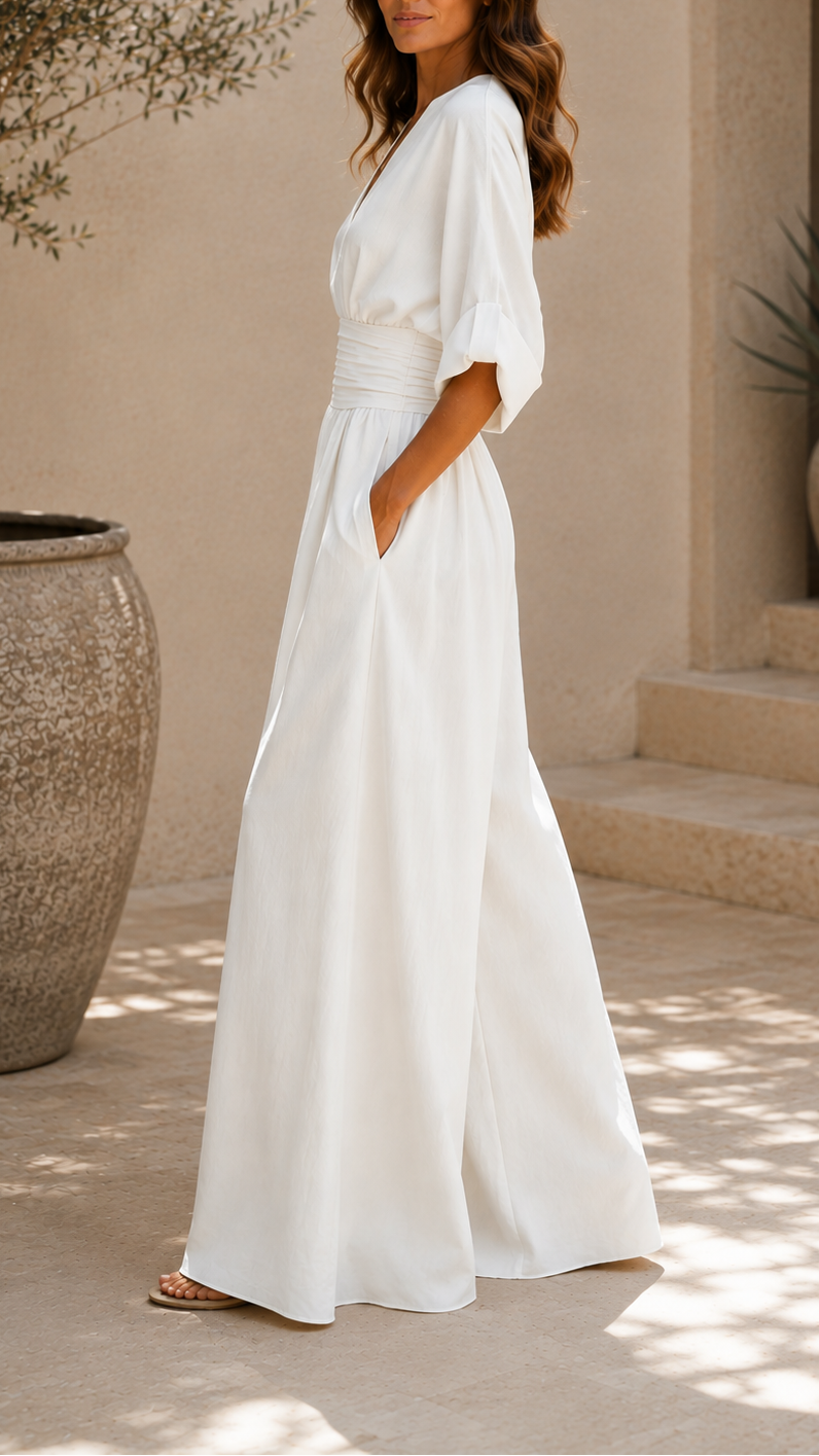 Women's Wide Leg Jumpsuit | Deep V Neck Belted Summer Jumpsuit