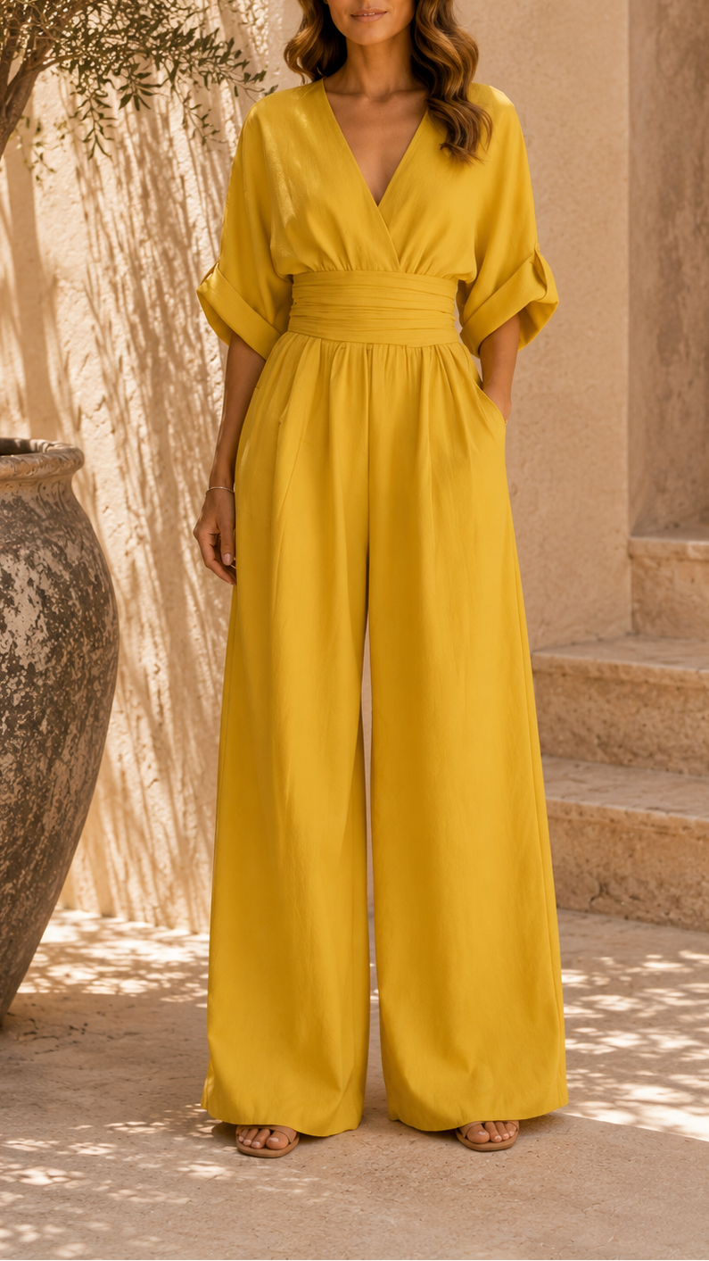Women's Wide Leg Jumpsuit | Deep V Neck Belted Summer Jumpsuit