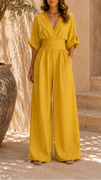 Women's Wide Leg Jumpsuit | Deep V Neck Belted Summer Jumpsuit