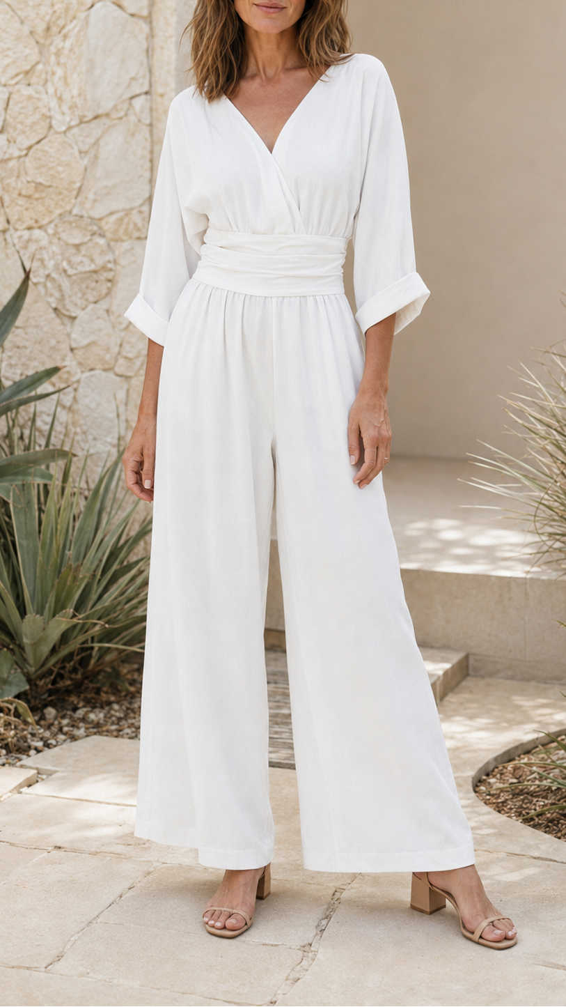 Women's V Neck Wide Leg Wrap Jumpsuit | Relaxed Fit