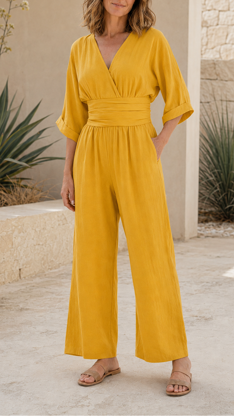 Women's V Neck Wide Leg Wrap Jumpsuit | Relaxed Fit