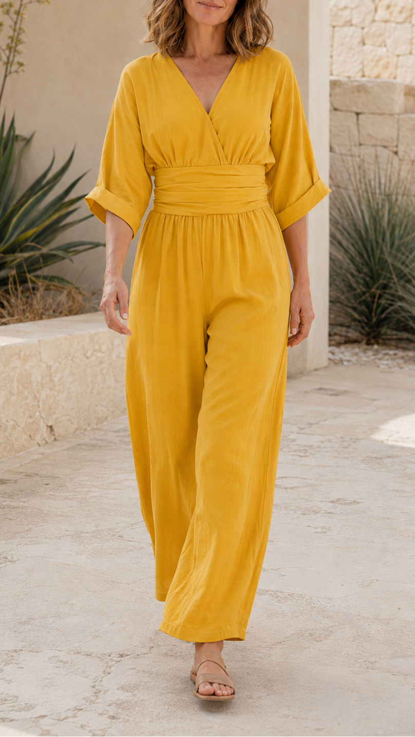 Women's V Neck Wide Leg Wrap Jumpsuit | Relaxed Fit