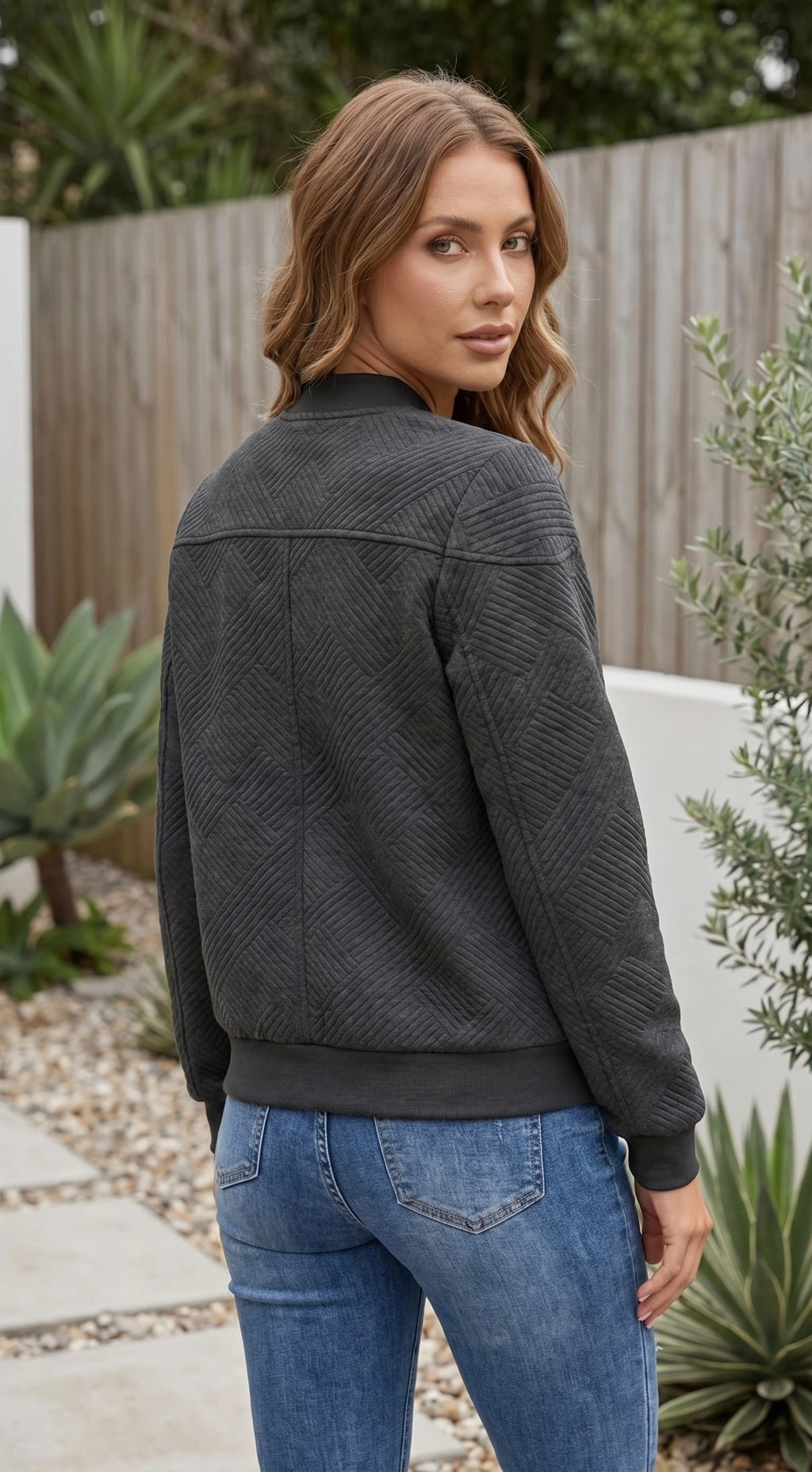 Women’s Textured Zip-Up Bomber Jacket with Pockets