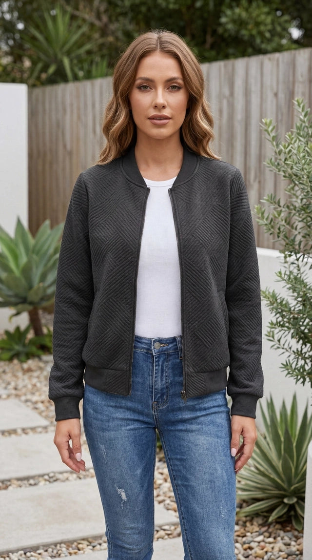 Women’s Textured Zip-Up Bomber Jacket with Pockets