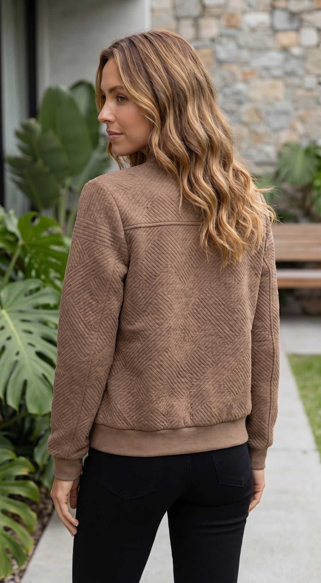 Women’s Textured Zip-Up Bomber Jacket with Pockets