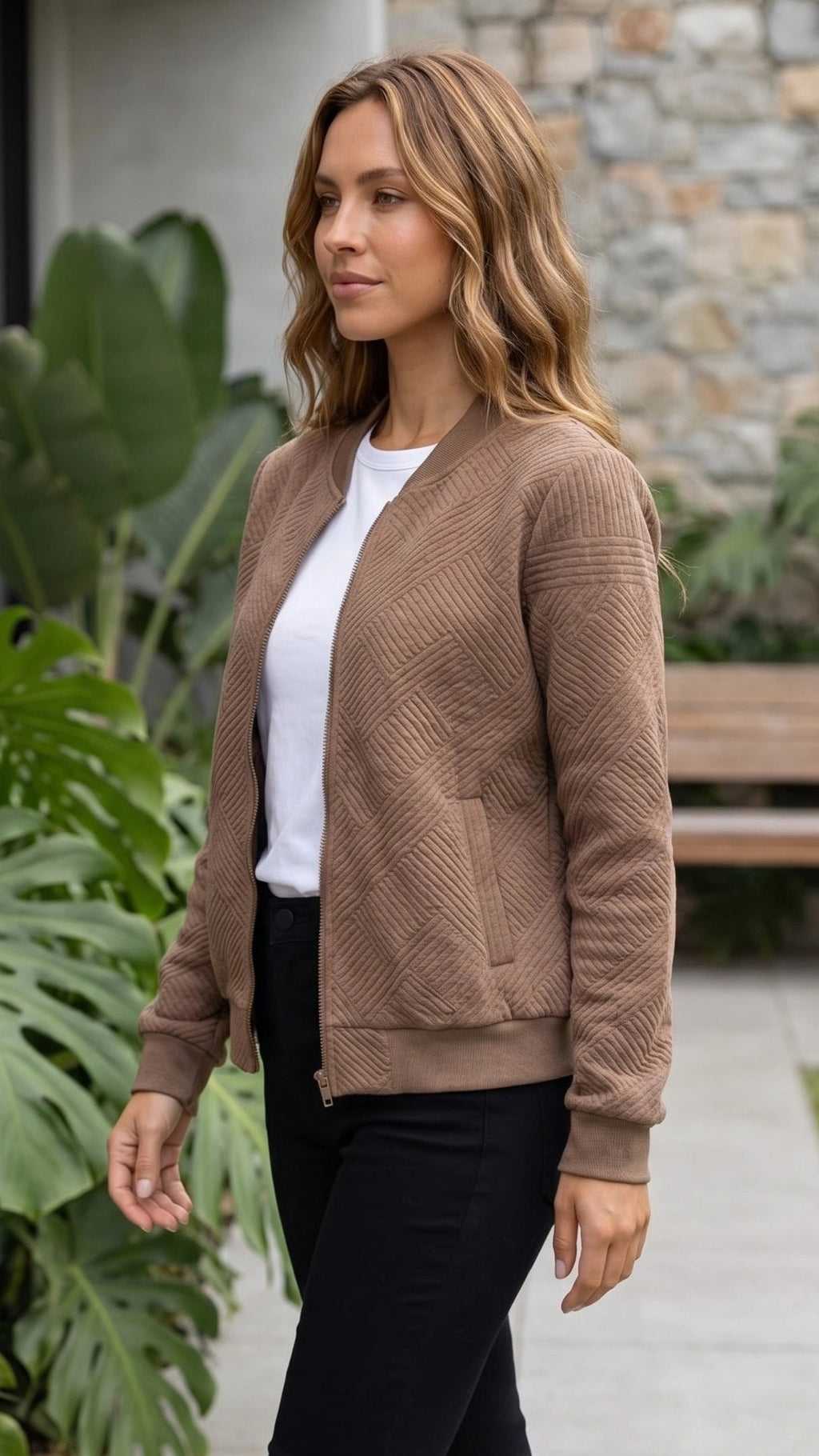Women’s Textured Zip-Up Bomber Jacket with Pockets