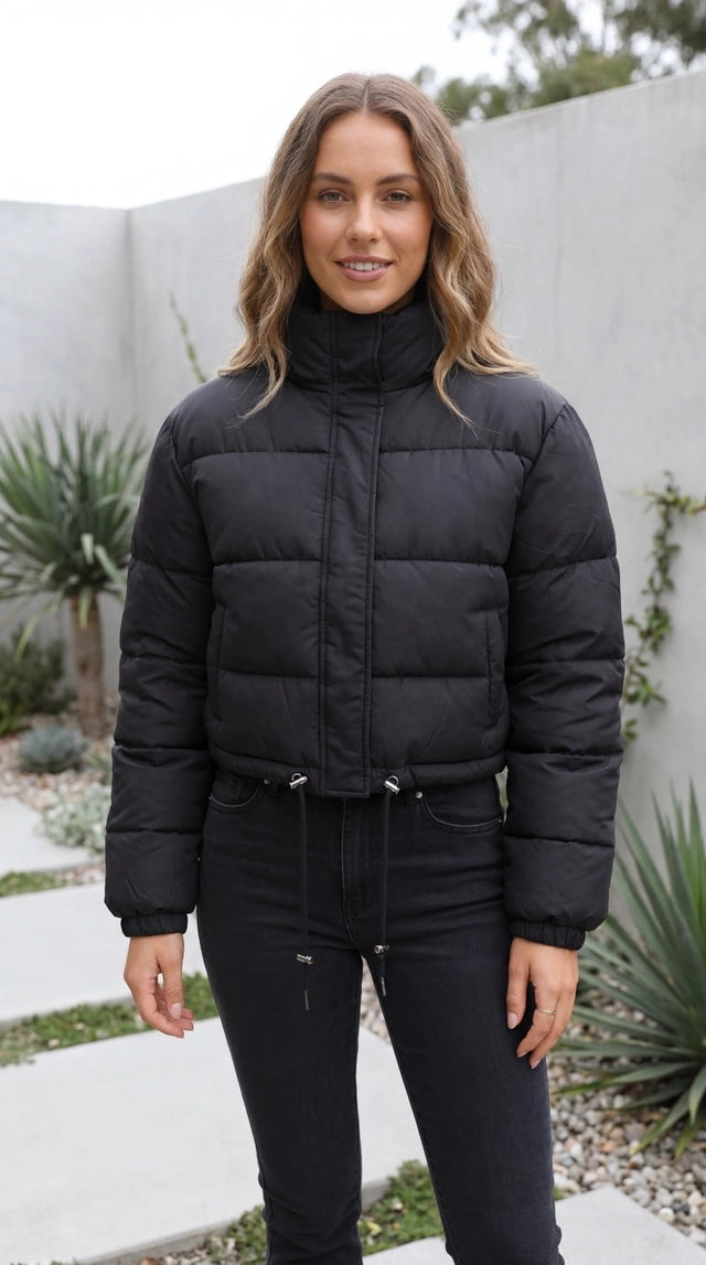 Women's Zip Up Cropped Stand Collar Puffer Jacket