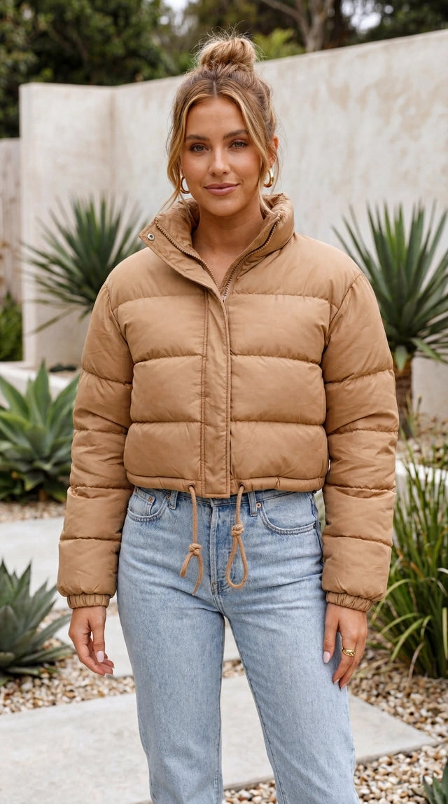 Women's Zip Up Cropped Stand Collar Puffer Jacket