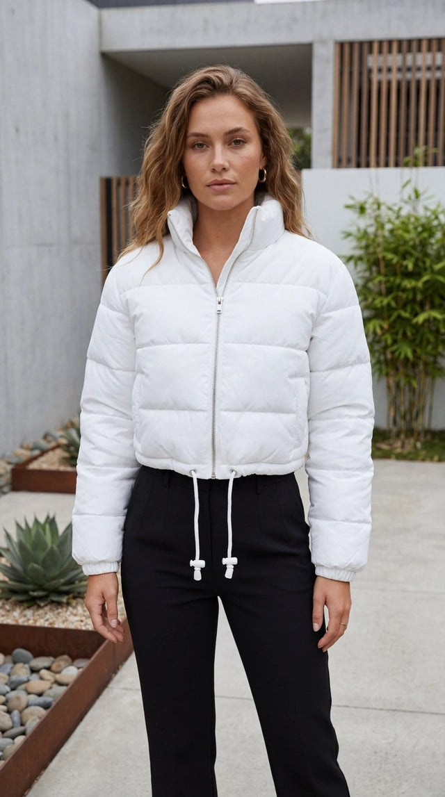Women's Zip Up Cropped Stand Collar Puffer Jacket