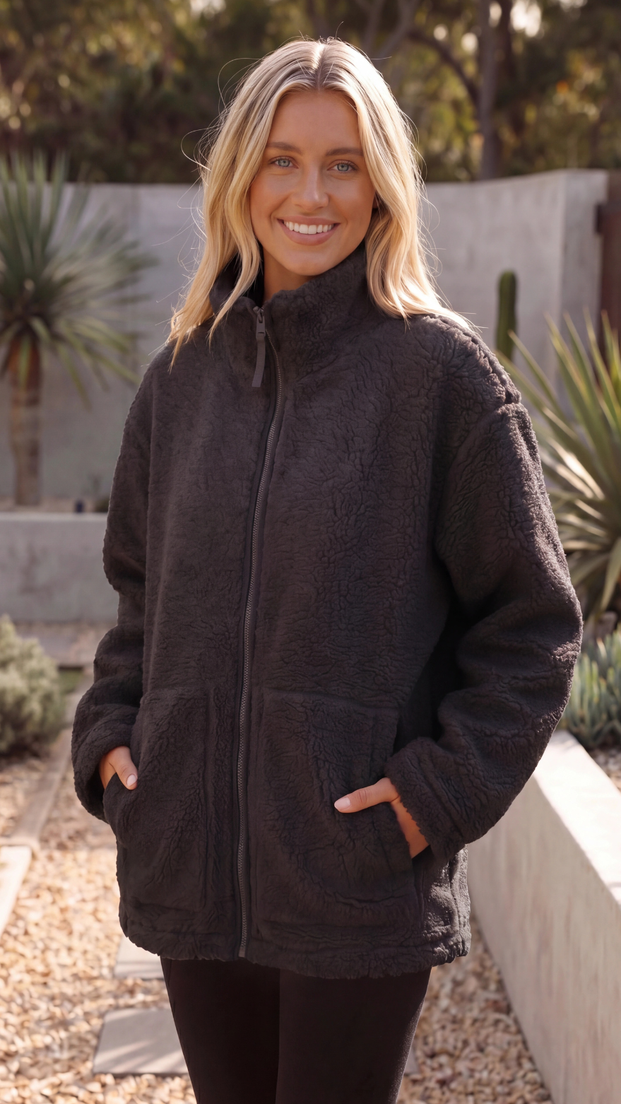 Womens Fleece Teddy Sherpa Zip Up Oversized Jacket with Pockets