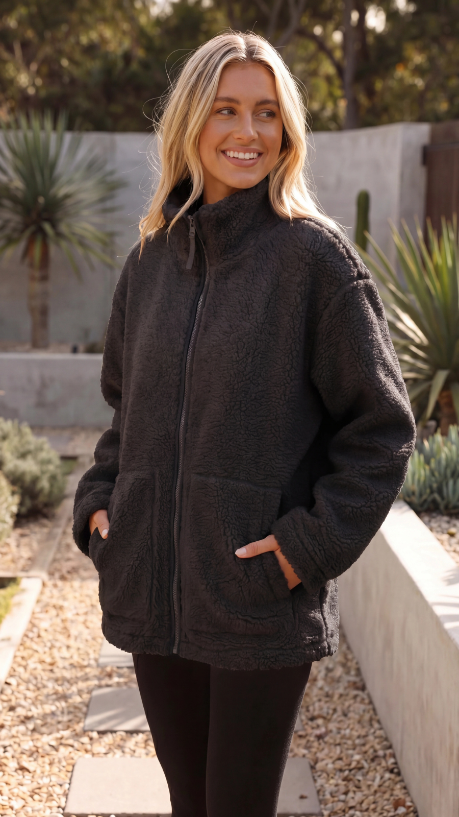 Womens Fleece Teddy Sherpa Zip Up Oversized Jacket with Pockets