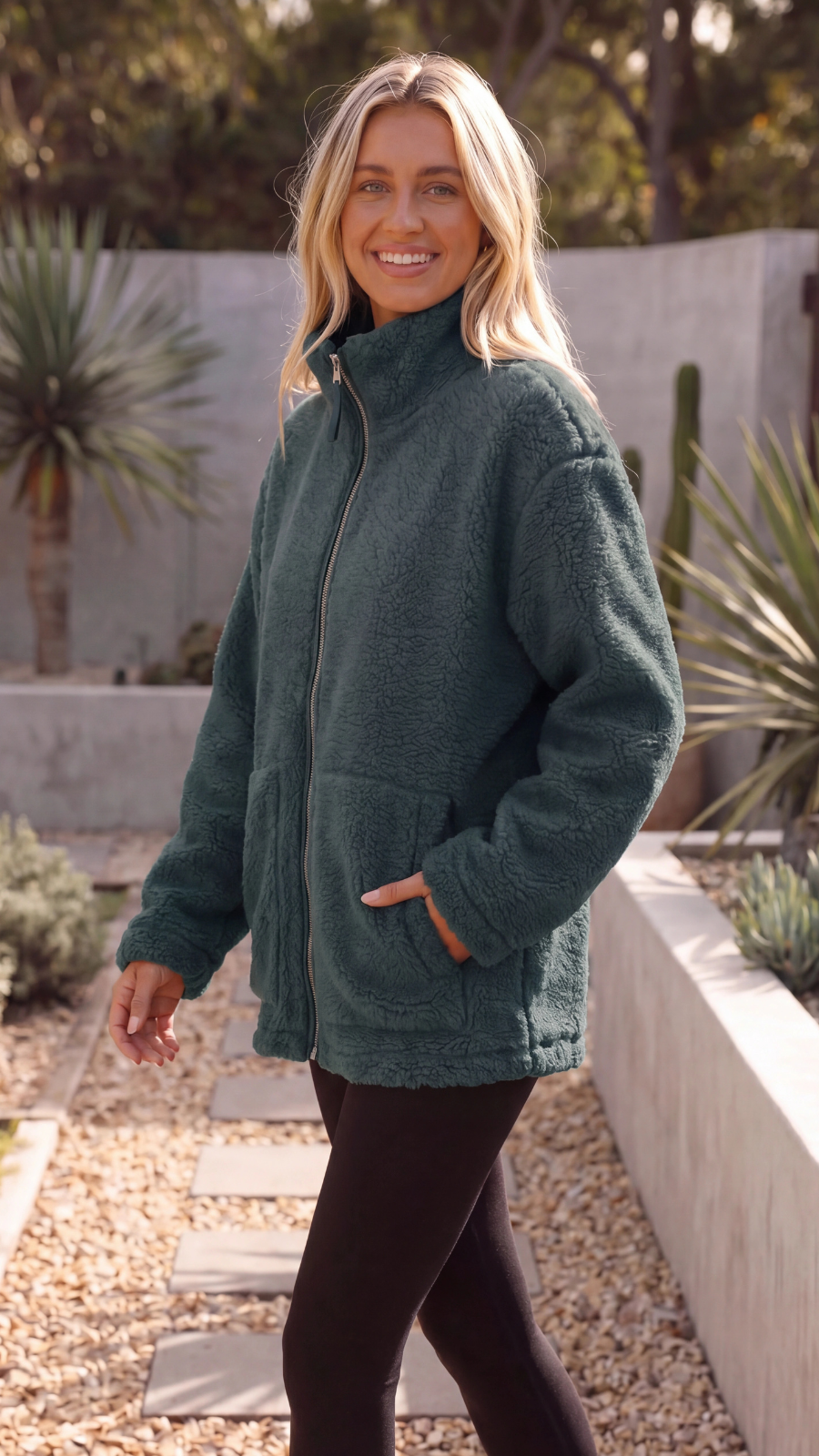 Womens Fleece Teddy Sherpa Zip Up Oversized Jacket with Pockets