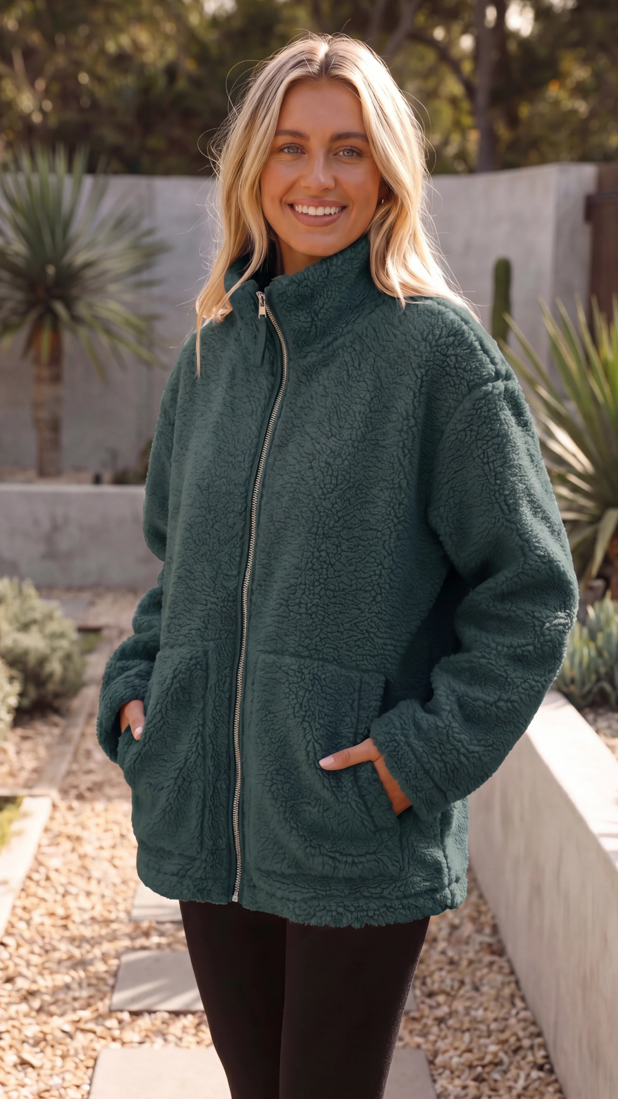 Womens Fleece Teddy Sherpa Zip Up Oversized Jacket with Pockets