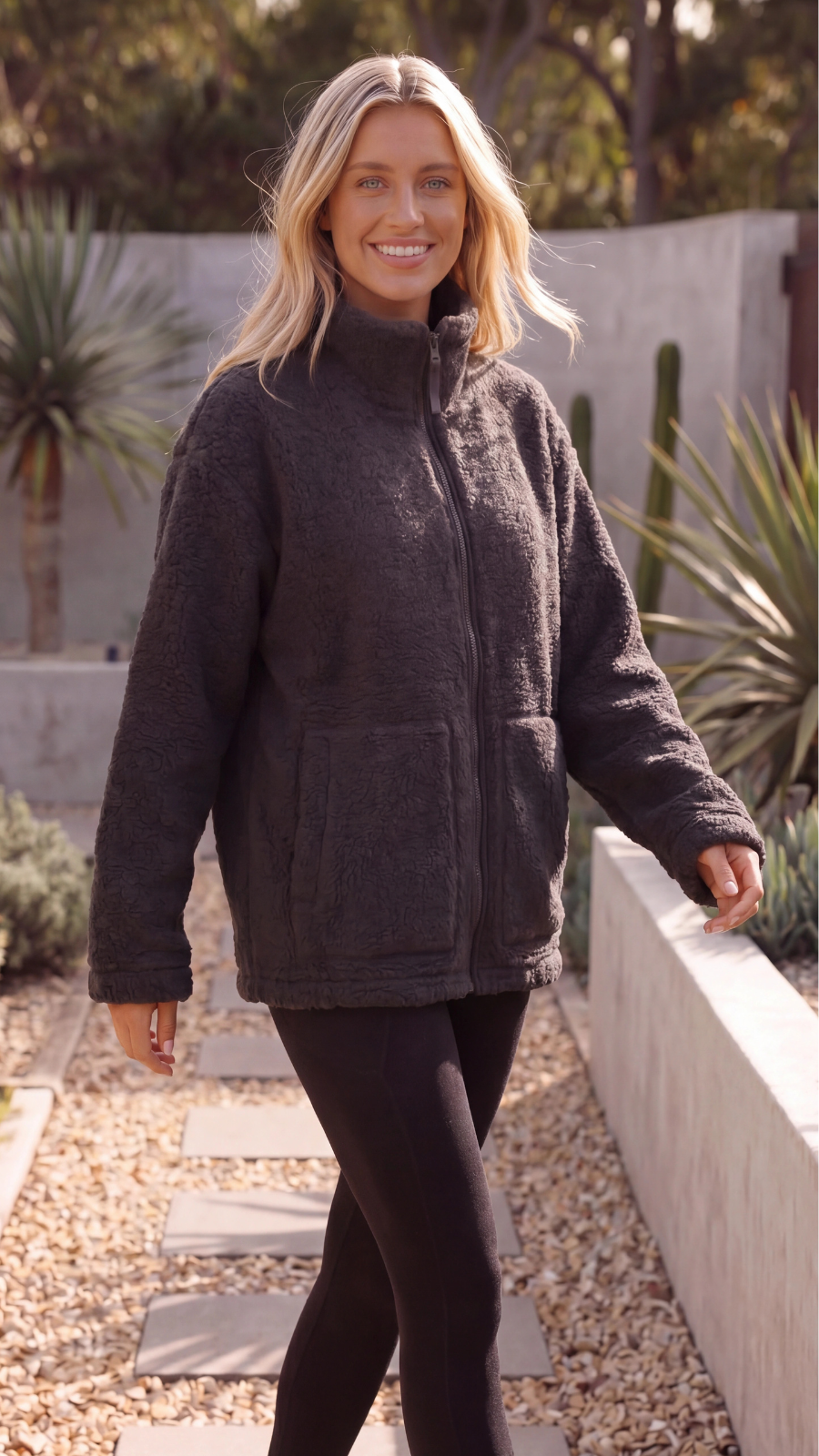 Womens Fleece Teddy Sherpa Zip Up Oversized Jacket with Pockets