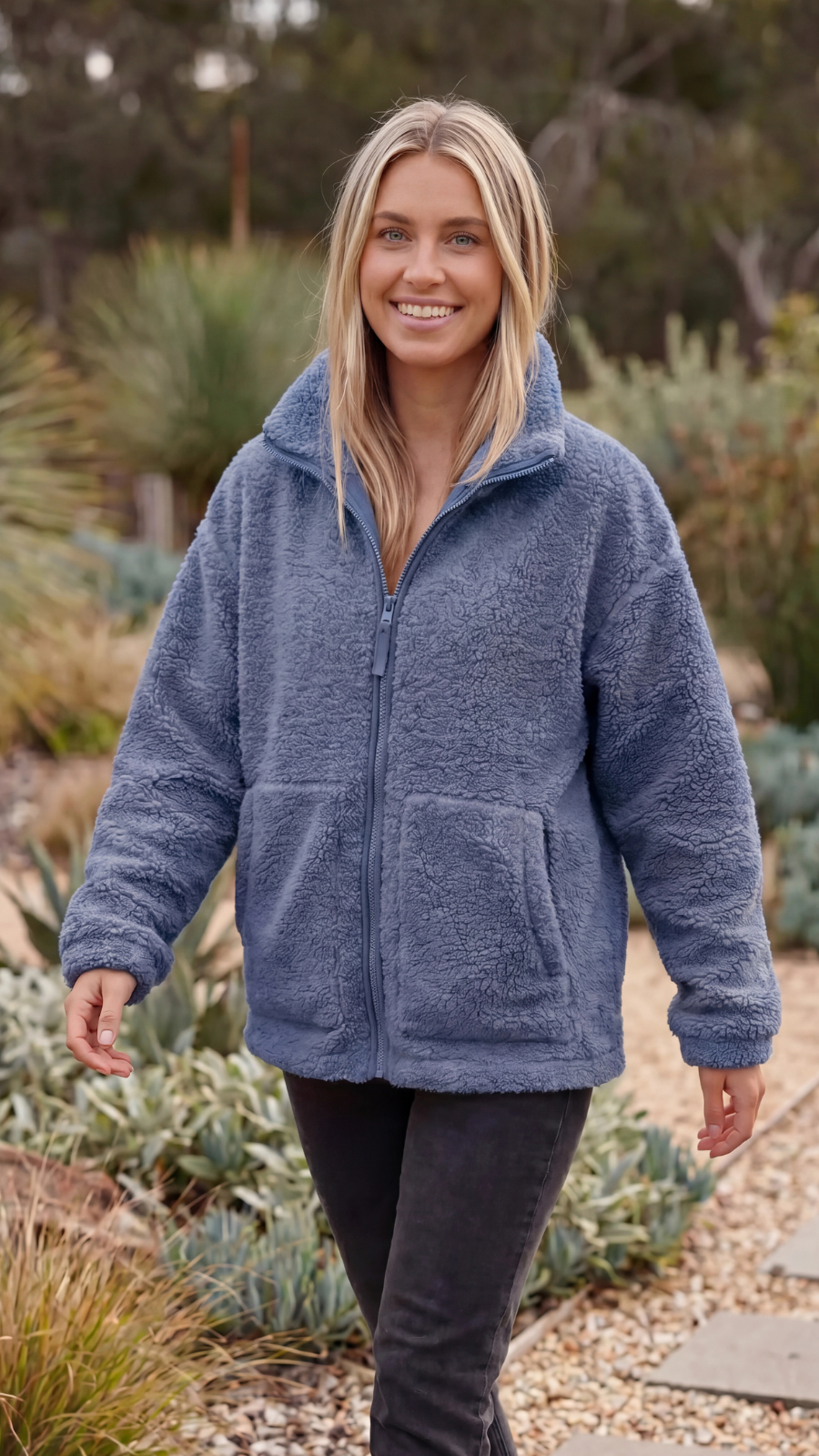 Womens Fleece Teddy Sherpa Zip Up Oversized Jacket with Pockets