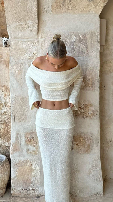 Women's Boucle Two Piece Set | Bardot Crop Top Maxi Skirt Co-ord