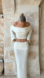 Women's Boucle Two Piece Set | Bardot Crop Top Maxi Skirt Co-ord