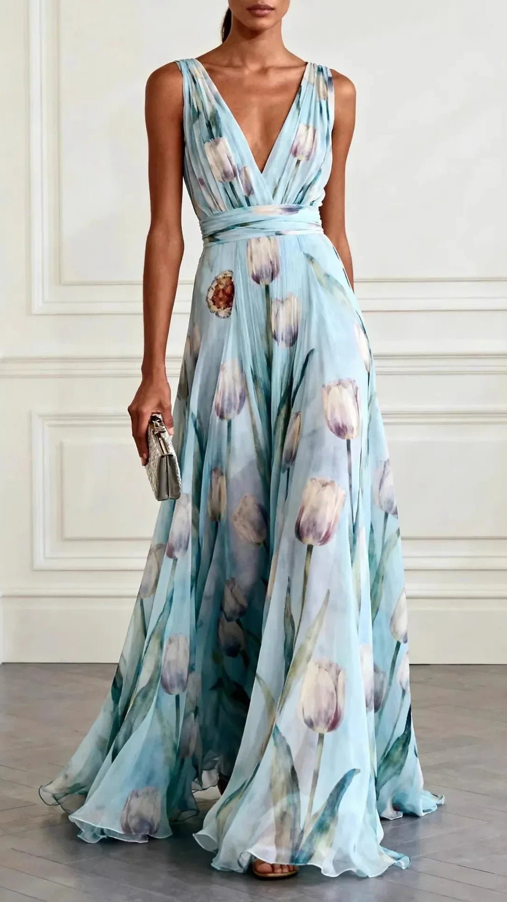 Women's Chiffon Maxi Dress | Floral Deep V Neck Wedding Guest Dress