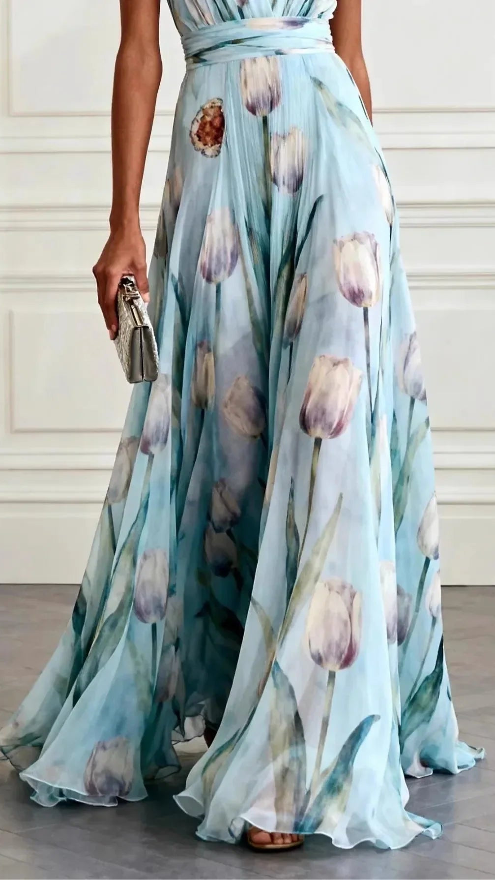 Women's Chiffon Maxi Dress | Floral Deep V Neck Wedding Guest Dress