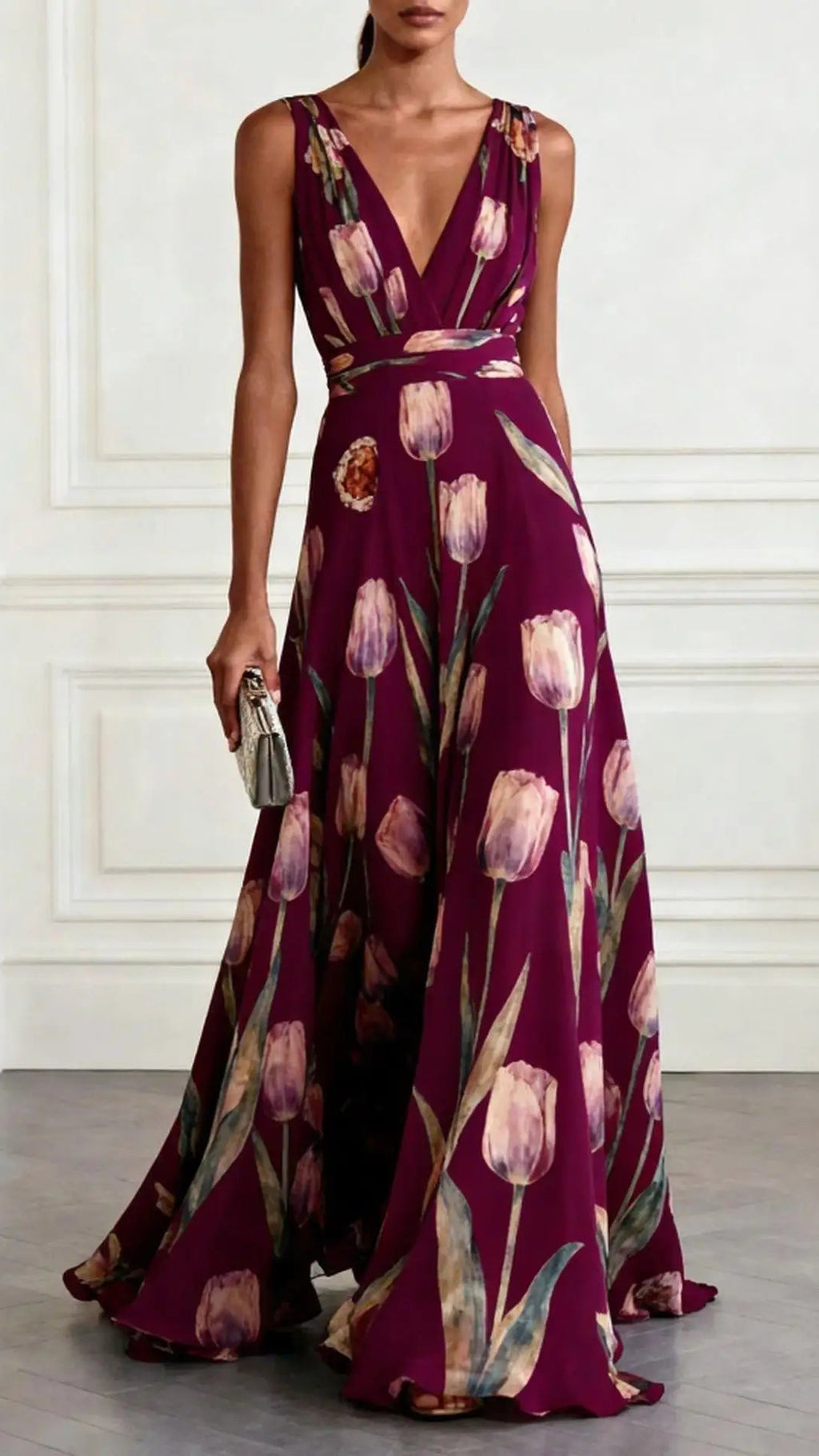 Women's Chiffon Maxi Dress | Floral Deep V Neck Wedding Guest Dress