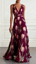 Women's Chiffon Maxi Dress | Floral Deep V Neck Wedding Guest Dress