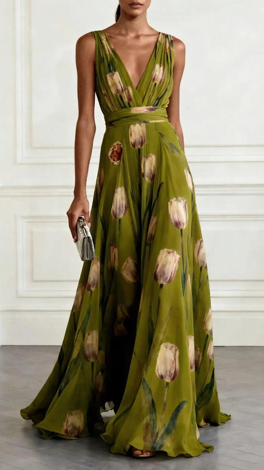 Women's Chiffon Maxi Dress | Floral Deep V Neck Wedding Guest Dress