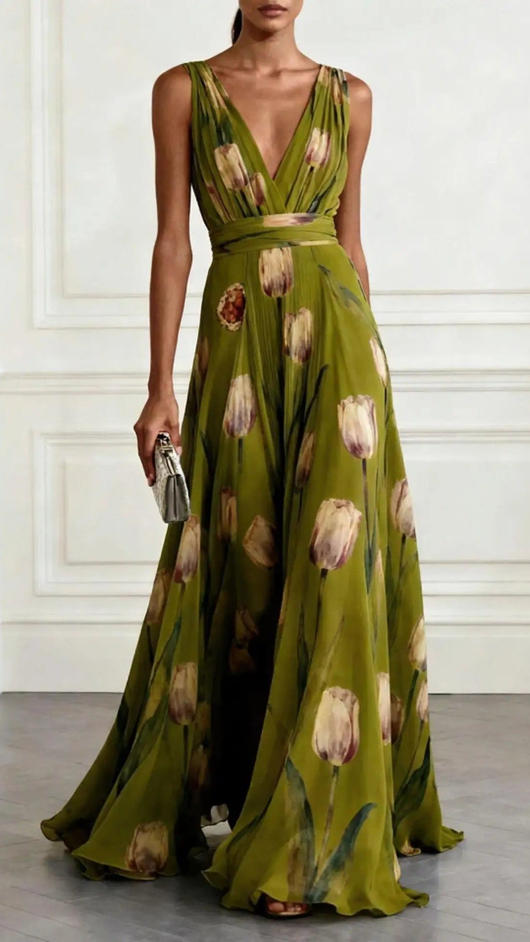Women's Chiffon Maxi Dress | Floral Deep V Neck Wedding Guest Dress