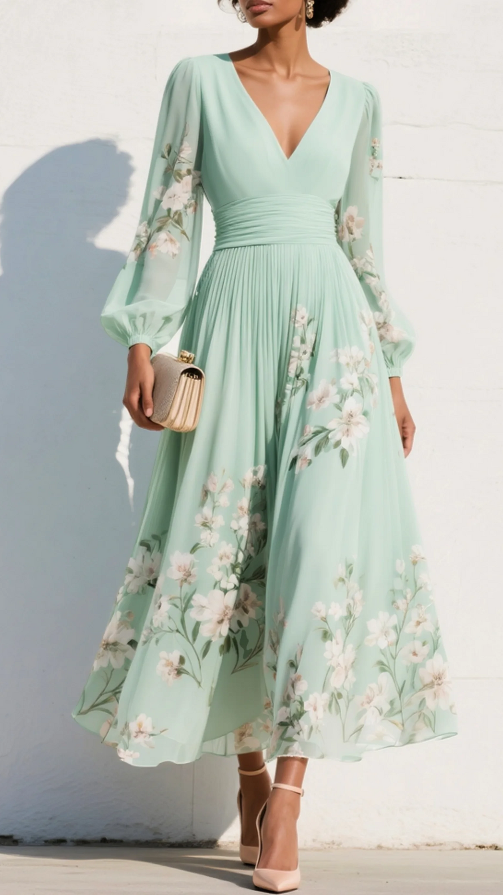 Women's Chiffon Midi Dress | Floral V Neck Long Sleeve Dress