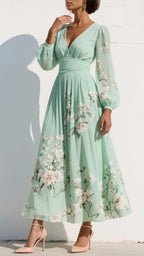 Women's Chiffon Midi Dress | Floral V Neck Long Sleeve Dress
