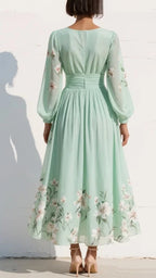 Women's Chiffon Midi Dress | Floral V Neck Long Sleeve Dress